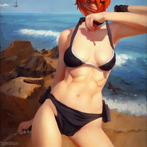 Image similar to greg manchess portrait painting of 2 b nier automata as tracer from overwatch in a bikini on the beach, organic painting, sunny day, matte painting, bold shapes, hard edges, street art, trending on artstation, by huang guangjian and gil elvgren and sachin teng