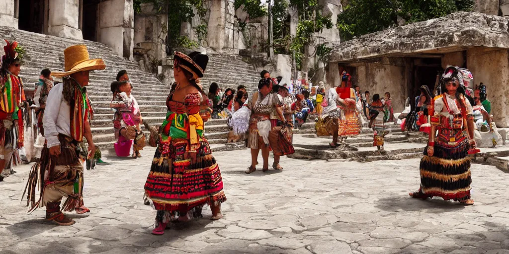 Image similar to mexico in the 1 7 0 0 s filled with ancient palenque mayan architecture, mayan woman walking the streets, indians in traditional wear haggling with the street vendors, surreal, beautiful, hyper realistic, trending on artstation, 8 k, hd