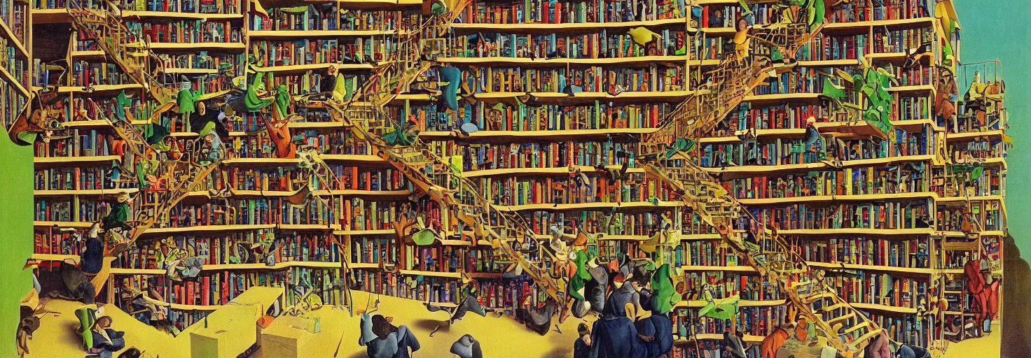 Image similar to a book store, customers are rabbit, by m. c. escher, yellow, green, red, snowy, ultra sharp, ultra detailed, happy, uplifting, colorized by salvador dali