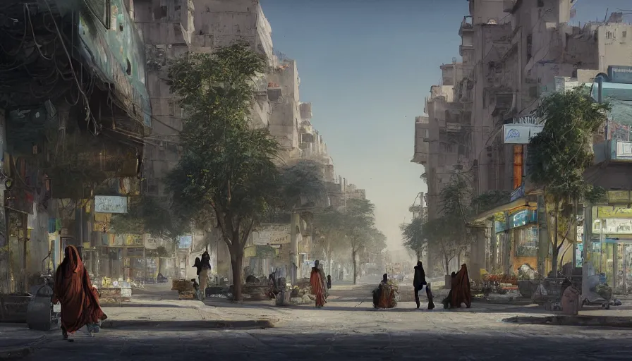 Prompt: jeddah city street, roshan, shops, a bright pharmacy, a nomad wearing a worn out coat, plants, tree, dramatic lighting, sci fi, by caspar david friedrich by james gilleard and justin gerard, centered, artstation, smooth, sharp focus, photoreal octane render, by jean baptiste monge, gustave dore, deviantart