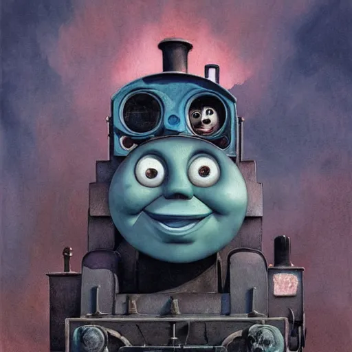 Prompt: watercolor cartoon grunge portrait of creepy horror Thomas the tank engine. intricate abstract. intricate artwork. nightmare fuel. terrifying. by zdzisław Beksiński, wlop, dan mumford , trending on artstation, Greg rutkowski very coherent symmetrical artwork. cinematic, hyper realism, high detail, octane render, 8k