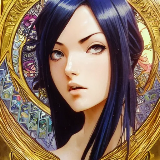 Image similar to highly detailed vfx portrait of nico robin by eiichiro oda!, alphonse mucha, sharp focus, art by artgerm and greg rutkowski!, harsh overhead sunlight, blue eyes!!, large aquiline nose!!, stanley kybric, kaoru mori, intricately detailed, best of behance,