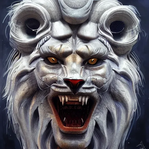 Prompt: Very very very very highly detailed epic zoom out photo of face with lion venetian mask, intricate, dystopian, sci-fi, extremely detailed, digital painting, artstation, concept art, smooth, sharp focus, illustration, intimidating lighting, incredible art by Artgerm and Vincent di Fate