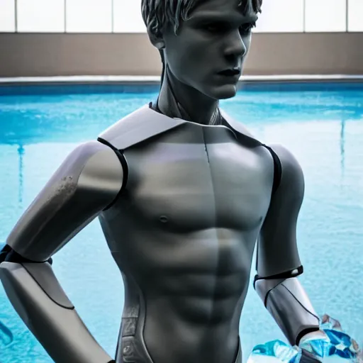 Image similar to a realistic detailed photo of a guy who is an attractive humanoid who is half robot and half humanoid, who is a male android, soccer player martin ødegaard, shiny skin, posing like a statue, blank stare, by the pool, on display, showing off his muscles, humanoid robot, frozen ice statue