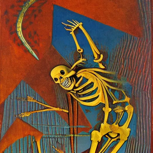 Prompt: jesus skeleton on earth inside a thermonuclear blast in the style of Max Ernst