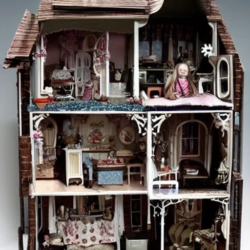 Prompt: tiny humans living inside a dollhouse. folk horror. detailed