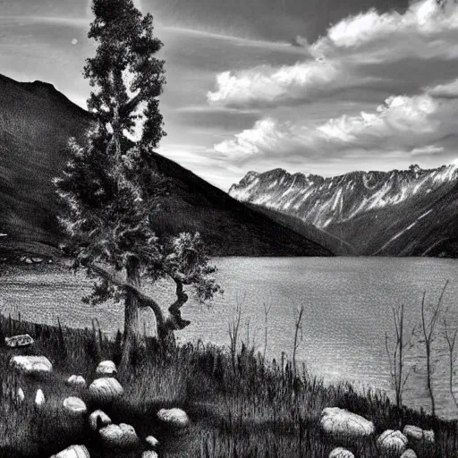 Image similar to lago di sorapis, hyper - realistic black and white drawing, hyper detailed, in the style of den yakovelv