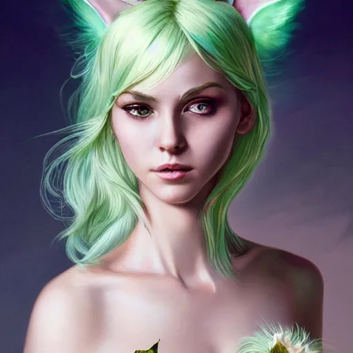 Image similar to ultra realistic illustration, dream girl with white hair, with light green eyes, with cat ears, in a sundress, intricate, elegant, highly detailed, digital painting, artstation, concept art, smooth, sharp focus, illustration, art by artgerm and greg rutkowski and alphonse mucha