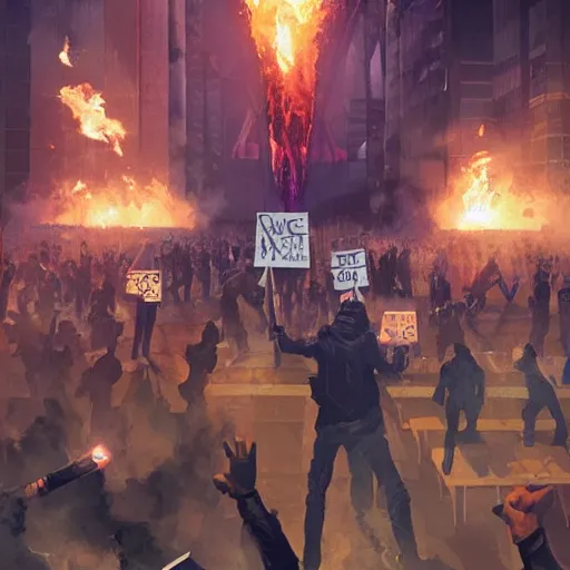 Prompt: protesters holding placards, detailed digital illustration by greg rutkowski, fire, android netrunner