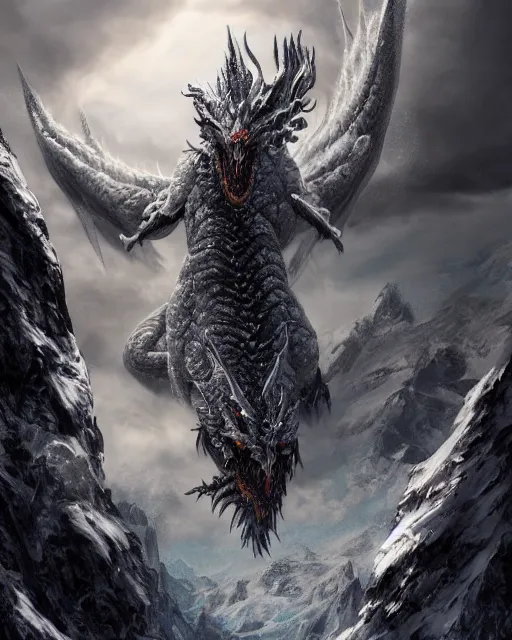 Image similar to giant snow dragon standing on a snowcapped mountain, highly detailed, 4 k, hdr, award - winning, directed by zack snyder, trending on art station, matte