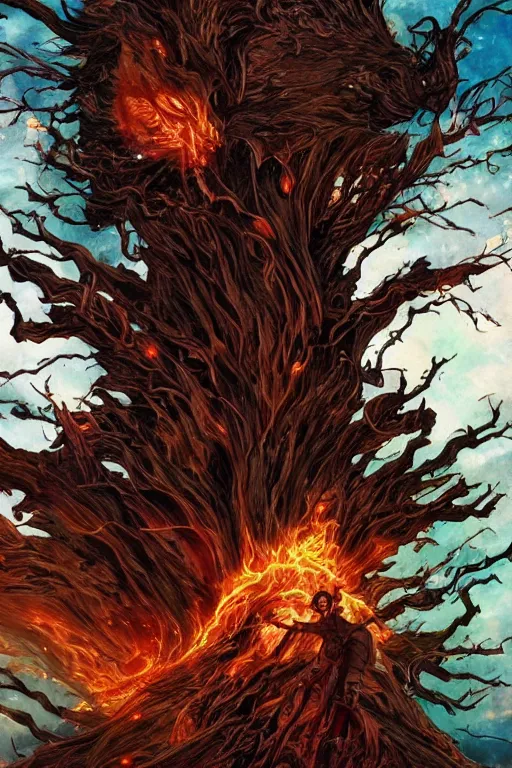 Prompt: the majestic tree of time engulfed in flames, pixiv fanbox, natural light, anime style, graphic novel by fiona staples and dustin nguyen, peter elson, alan bean, wangechi mutu, clean cel shaded vector art, trending on artstation