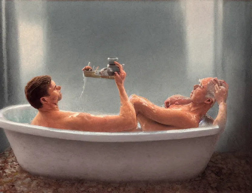 Prompt: jerma 9 8 5 cooking mince meat in a bath tub, back view, cottage core, cinematic focus, polaroid photo bleached vintage pastel colors high - key lighting, soft lights, foggy, by steve hanks, by lisa yuskavage, by serov valentin, by tarkovsky, 8 k render, detailed, oil on canvas