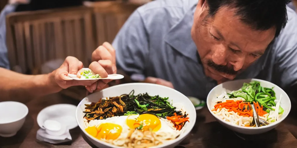 Image similar to a man eating bibimbap by huskmitnavn, black and white