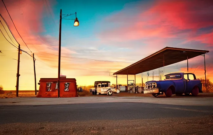 Image similar to a sunset light landscape with historical route 6 6, lots of sparkling details and sun ray ’ s, blinding backlight, smoke, volumetric lighting, colorful, octane, 3 5 mm, abandoned gas station, old rusty pickup - truck, beautiful epic colored reflections, very colorful heavenly, softlight