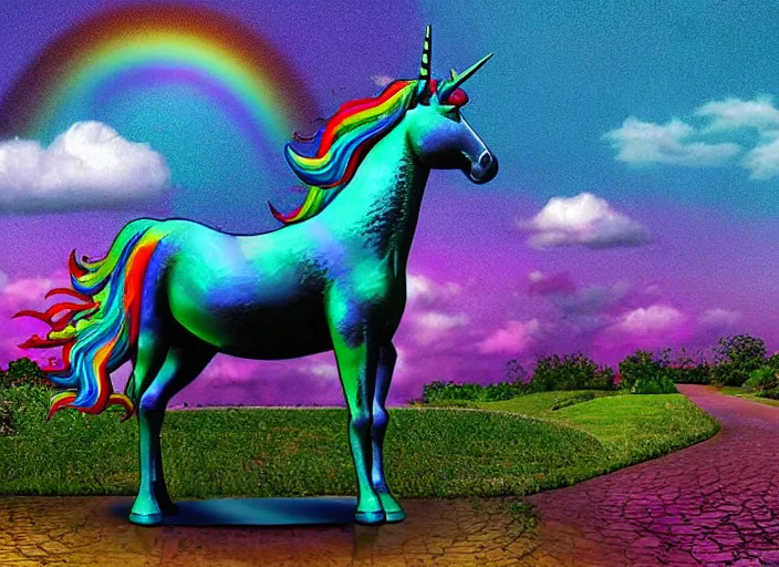 Prompt: a unicorn statue made out of diamonds. There is a rainbow in the background. Colorful, realistic digital art