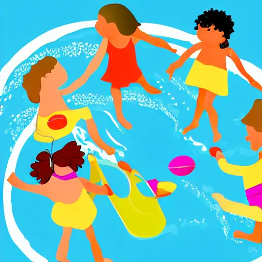 Image similar to a colorful and playful illustration of children playing in a swimming pool