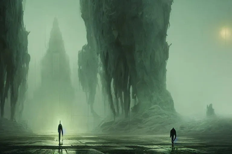 Prompt: cinematic still of Nyarlathotep striding alone across a desolate waste, green mist, 4k, masterpiece, by Greg Rutkowski, Trending on Artstation