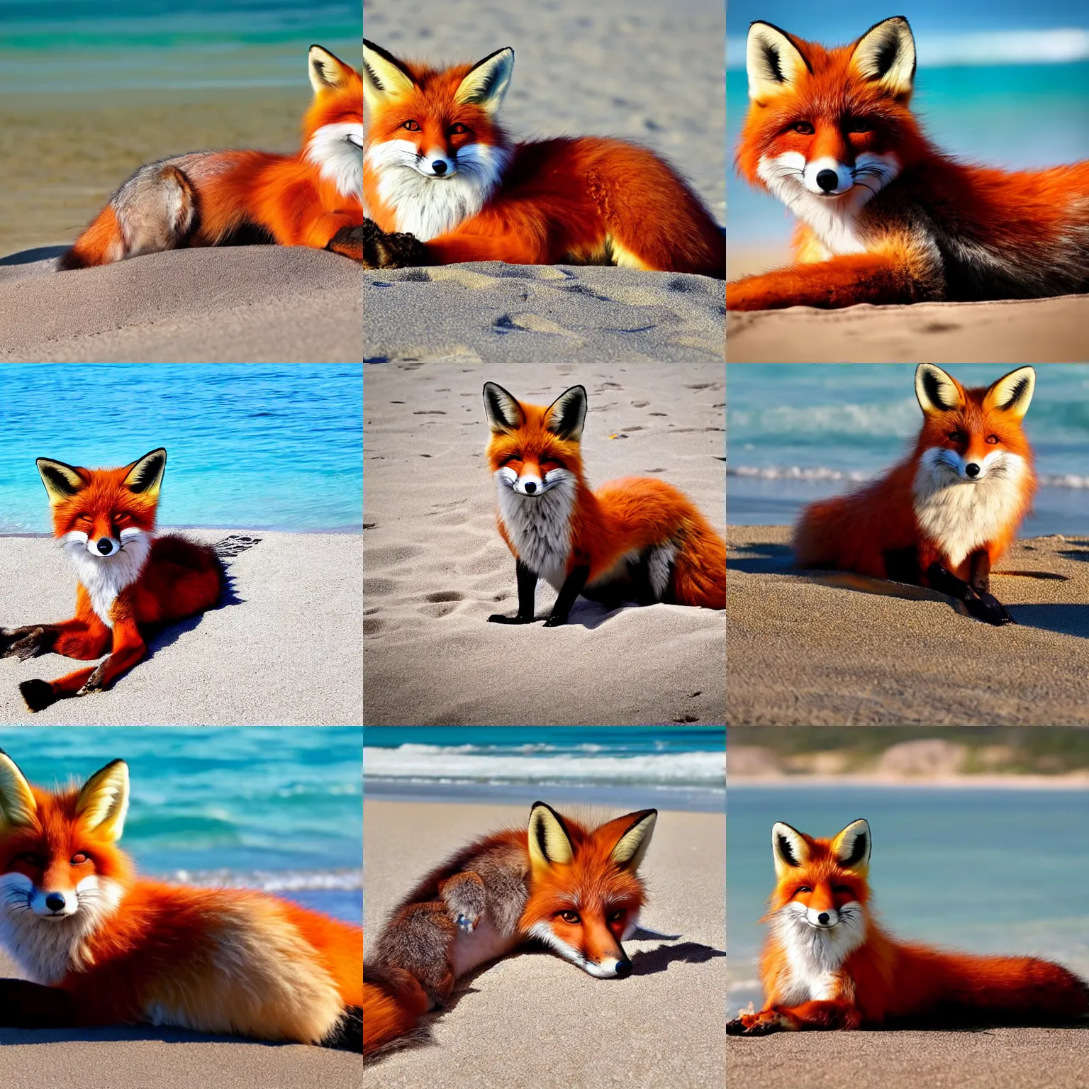 Prompt: beautiful anthro furry fox wearing a bikini sunbathing on a beach