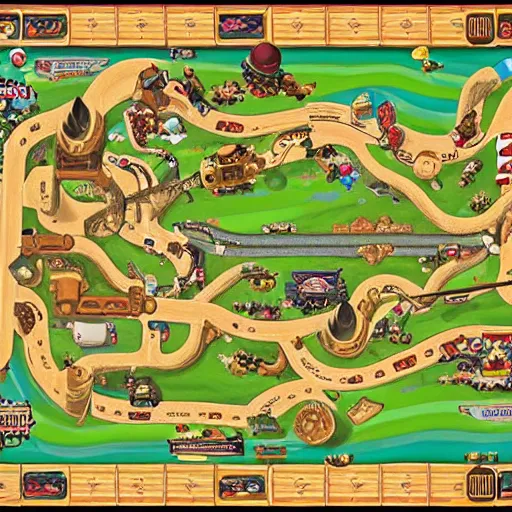 Image similar to top down view of Nintendo Mario kart double dash custom racetrack map. Western dustbowl themed custom rootin tootin wild west map.