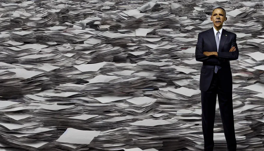 Prompt: obama nervously standing by a mountain of papers, cnn news footage, 8 k.