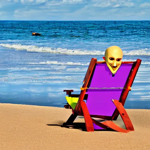 Prompt: nosferatu sunbathing on a beach chair, big smile on his face colorful photograph, beautiful sunny day