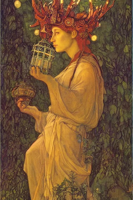 Image similar to queen of the forest with her lantern, by Annie Swynnerton and Nicholas Roerich and jean delville, dramatic cinematic lighting , ornate headdress , flowing robes, lost civilizations, extremely detailed