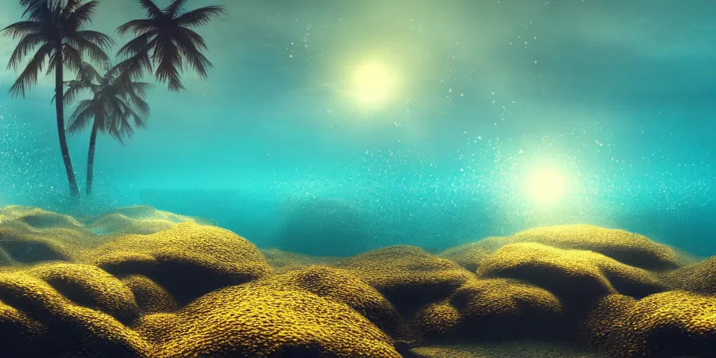 Prompt: underwater beach with palmtrees seaweed air bubbles, golden hour, caustics, shallow depth of field, moody lighting, 8 k, concept art,