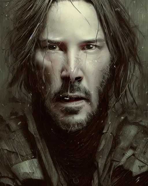 Image similar to keanu reeves as a ghost with his dog, hyper realistic face, beautiful eyes, fantasy art, in the style of greg rutkowski, intricate, hyper detailed, smooth