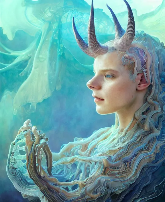 Image similar to intricate transparent portrait of a terrifying beautiful alien sea slug, horns, mottled coloring, adorable, childlike, anxiety environment, ultra realistic, concept art, art nouveau, photorealistic, octane render, 8 k, unreal engine. art by christopher marley and artgerm and greg rutkowski and alphonse mucha