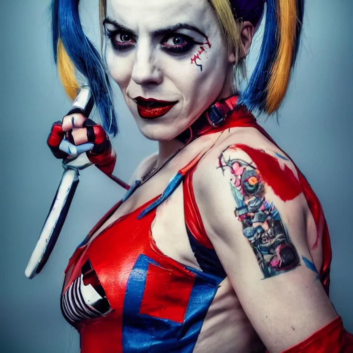 Image similar to portrait of Melanie C as a harley quinn in Suicide Squad. intricate artwork. by wlop, octane render, trending on artstation, very coherent symmetrical artwork. cinematic, hyper realism, high detail, octane render, 8k