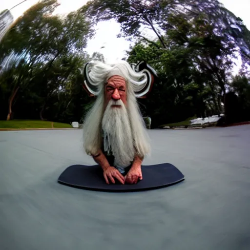 Prompt: Gandalf doing a kickflip, fisheye lens