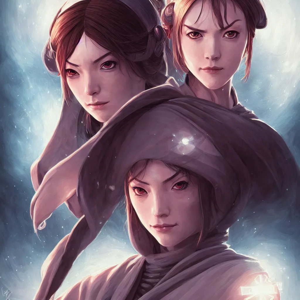 Image similar to one female jedi master, wearing the traditional jedi robe, beautiful and uniquely odd looking, detailed symmetrical close up portrait, intricate complexity, in the style of artgerm and ilya kuvshinov, magic the gathering, star wars art