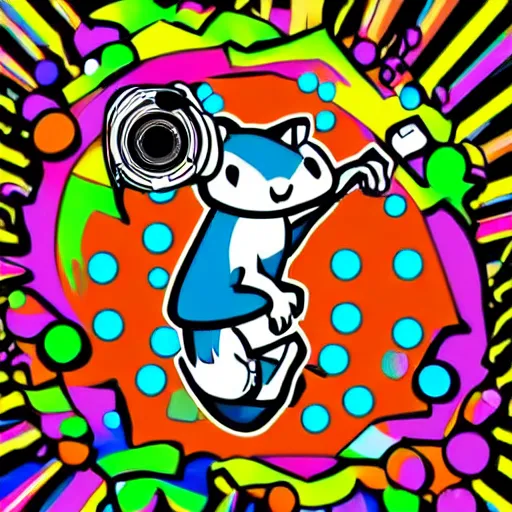 Image similar to svg sticker of a Dancing-Squirrel, at a rave, spinning records, giant headphones rocking out, wearing headphones, huge speakers, dancing, rave, DJ, spinning records, digital art, amazing composition, rule-of-thirds, award-winning, trending on artstation, featured on deviantart