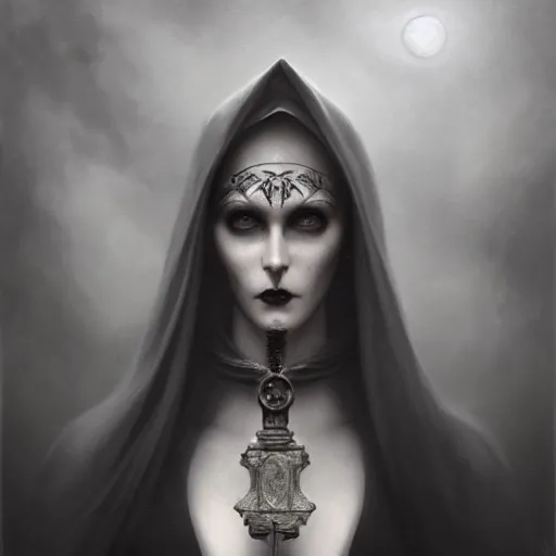 Image similar to By Tom Bagshaw, ultra realist soft painting of a gothic crypt by night, Female vampire smile and dressed, horror, omnious sky, symmetry accurate features, very intricate details, black and white, volumetric light clouds
