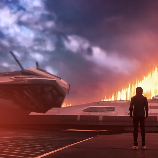 Image similar to cinematic still of a male athetic japanese standing next to a spaceship, dramatic clouds, city in the distant on fire, unreal engine 5 digital art