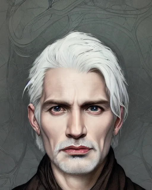 Image similar to portrait of 4 0 - year - old man with white hair with a pale complexion, pointed face and grey eyes, clear smooth face, no beard wearing black clothes, hyper realistic face, beautiful eyes, close up, fantasy art, in the style of greg rutkowski, intricate, alphonse mucha, hyper detailed, smooth