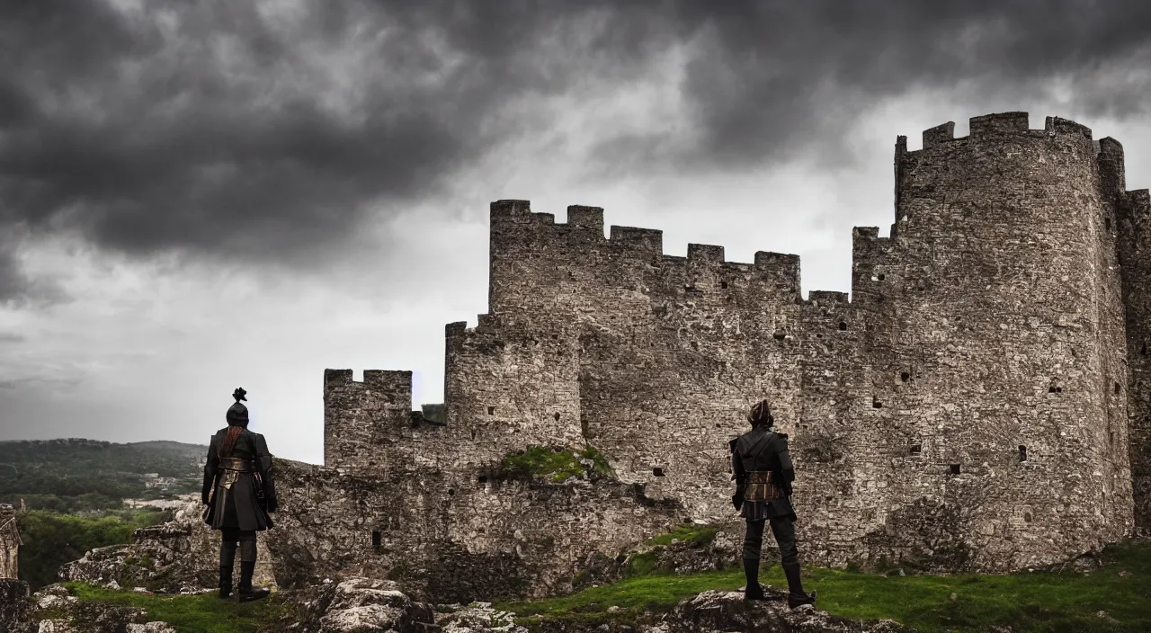 Image similar to a king standing on the castle walls looking at the incoming enemy army, vivid colors, soft lighting, atmospheric, cinematic, moody, 8 k