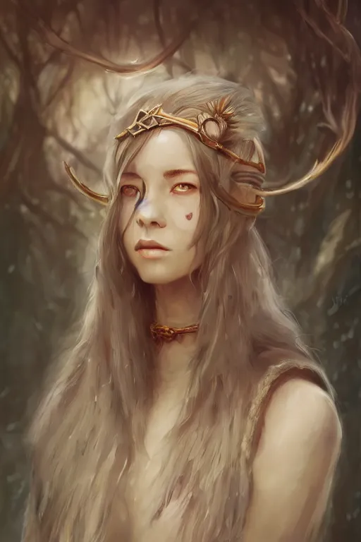 Prompt: head and shoulders portrait of a druid, female, high fantasy, dnd, by wlop