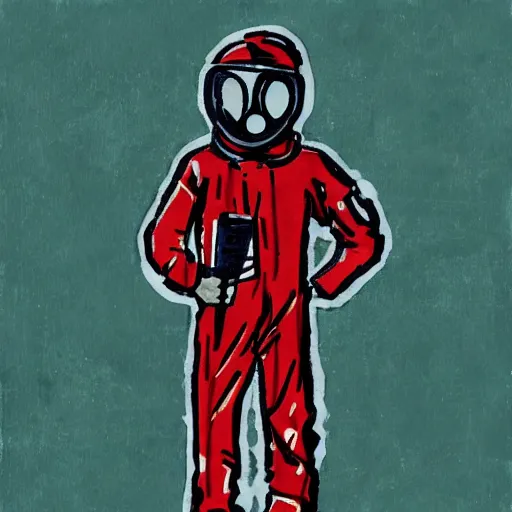 Image similar to teenager wearing a futuristic boiler suit and gas mask, stylised painting