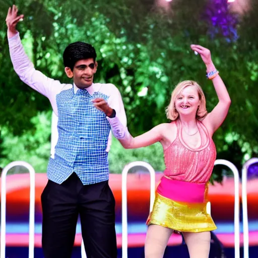 Prompt: Rishi Sunak and Liz Truss in a dance off, Rishi is serving Liz, it’s an 80s disco environment and there is a large crowd of pensioners watching 35mm 4k