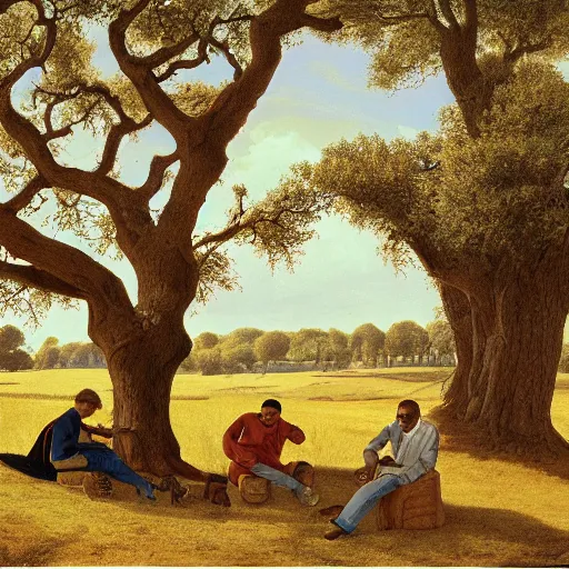 Image similar to 4 men resting by an oak tree