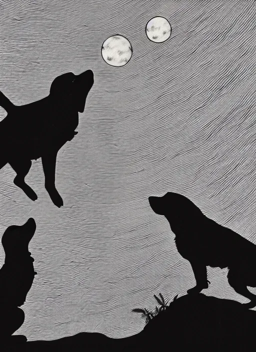 Prompt: dog silhouette howling at the moon, illustrated by peggy fortnum and beatrix potter