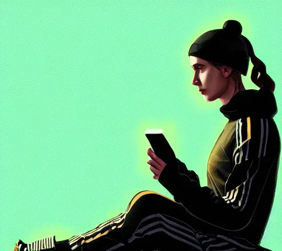 Image similar to portrait of slav heroine wearing an addidas tracksuit with a phone in hand. illuminated phone screen, by greg rutkowski and wlop, detailed, cinematic, 8 k, intricate, rule of thirds.