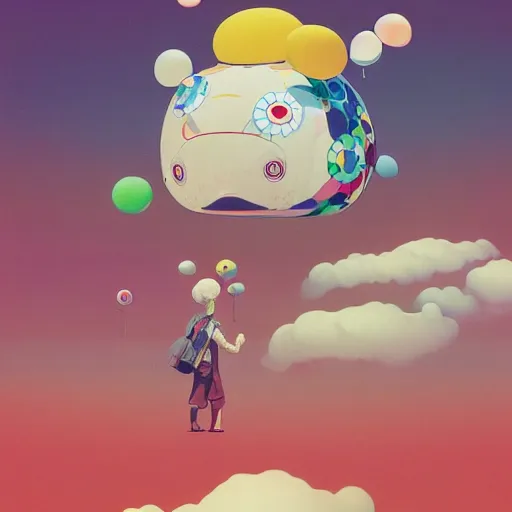 Image similar to a man walking on clouds away from the camera above kyoto by takashi murakami, beeple and james jean, aya takano color style, 4 k, super detailed, modern, 4 k, symmetrical