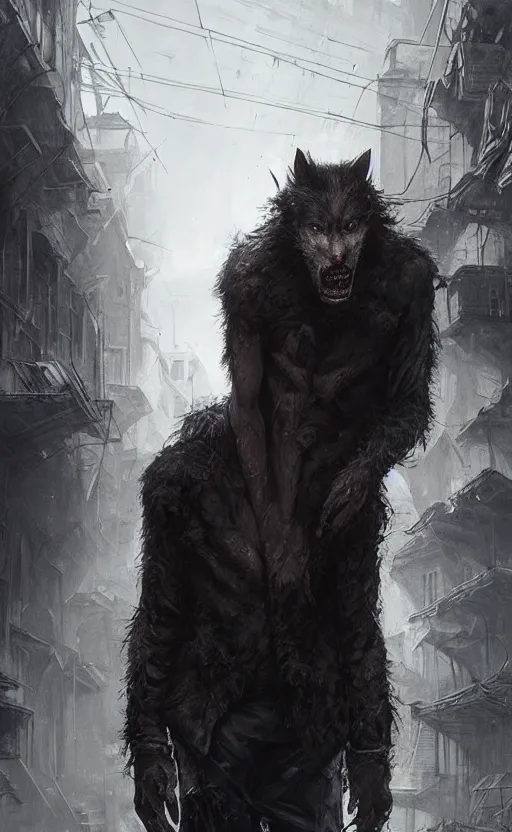 Image similar to hyperrealistic, Portrait of a werewolf in a dark alley, torn clothing, fantasy, urban, highly detailed, cinematic lighting, digital art painting by greg rutkowski