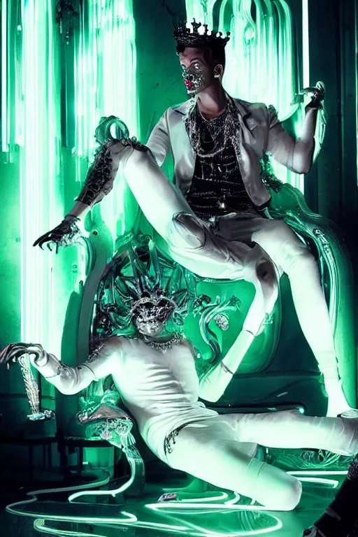 Image similar to full-body rococo and cyberpunk style neon statue of a young attractive Ricky Martin macho dotado e rico android sim roupa reclining con las piernas abertas e la piroca dura, glowing white lasers, glowing eyes, silver prince crown, silver steampunk gears, white diamonds, swirling mint-colored silk fabric. futuristic elements. ethereal white dripping tar. full-length view. space robots. human skulls. large white balloon animals. intricate artwork by caravaggio. Trending on artstation, octane render, cinematic lighting from the right, hyper realism, octane render, 8k, depth of field, 3D