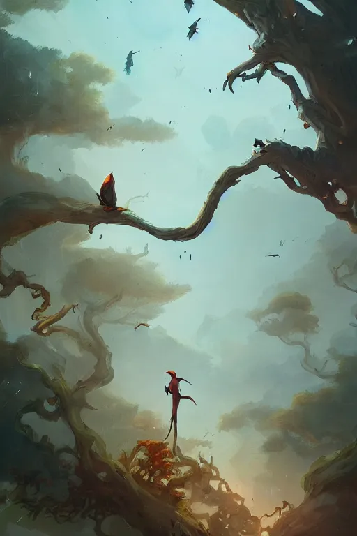 Image similar to a painting of a tree with birds flying around it, a storybook illustration by peter mohrbacher, cgsociety contest winner, fantasy art, artstation hq, detailed painting, behance hd