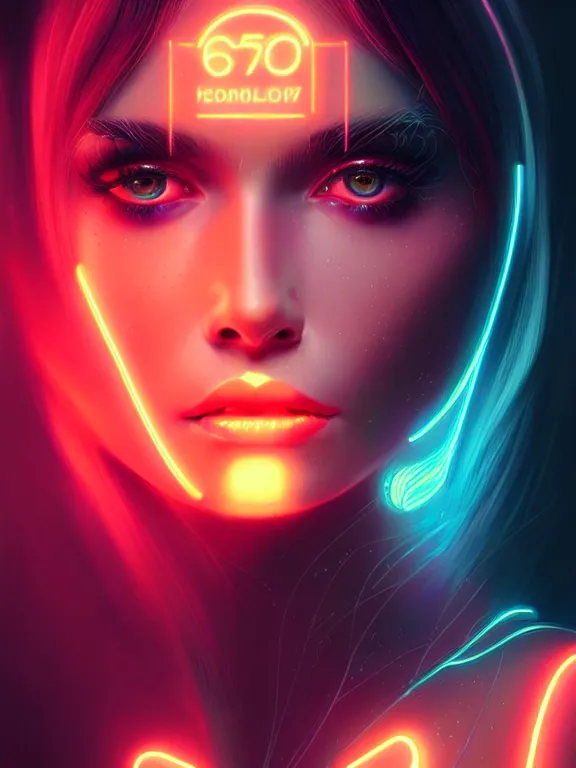 Image similar to portrait of female humanoid from 6 0 s era, intricate, elegant, cyber neon lights, highly detailed, digital painting, artstation, glamor pose, concept art, smooth, sharp focus, illustration, art by artgerm and greg rutkowski