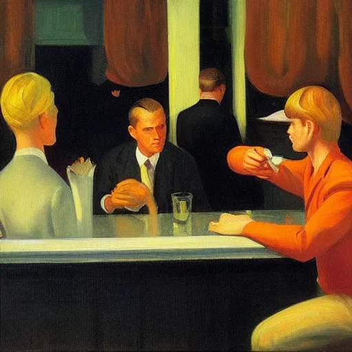 Image similar to a detailed painting, blonde man at a bar, edward hopper,