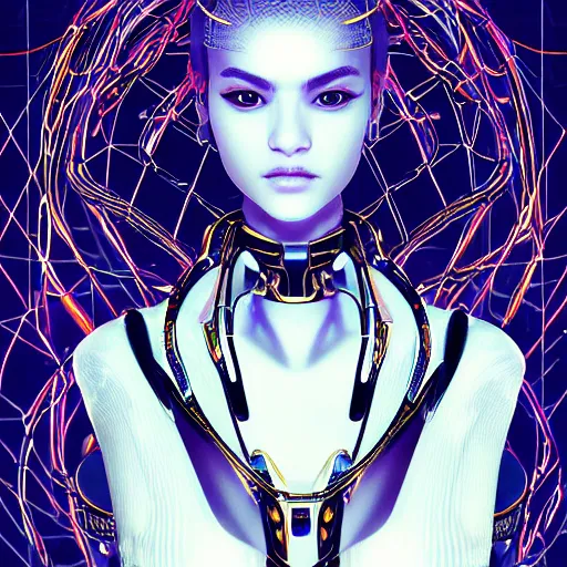 Image similar to the portrait of an elegant, sophisticated, fashionable robotess idol, an ultrafine illustration of young half arab zendaya mix by kim jisu, intricate linework, neon wiring, fashion, porcelain skin, unreal engine 5 highly rendered, global illumination, radiant light, detailed and intricate environment, by rutkowski, artgerm, marvel comics